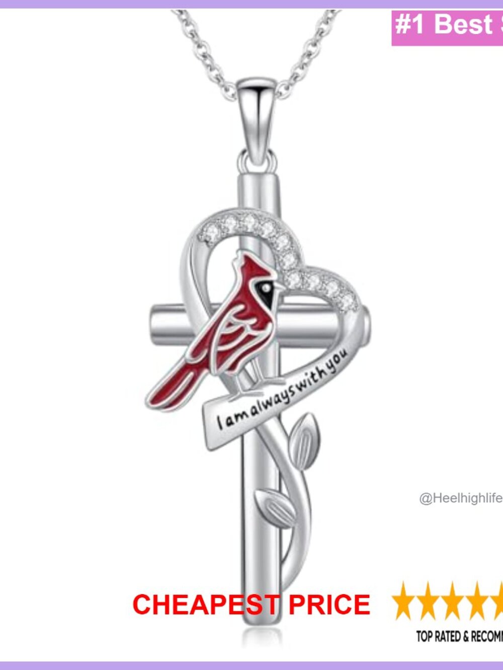 Sterling Silver Cardinal Cross Necklace 18in Adjustable Pendant